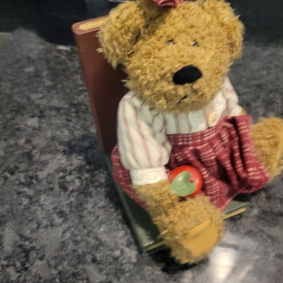 Vintage Teddy Bear Bookend - Red Gingham Dress & Bow Holding an Apple - Picture 1 of 16